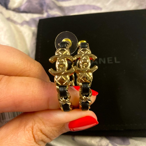 CHANEL Jewelry - Chanel CC Black and Gold Hoop Earrings